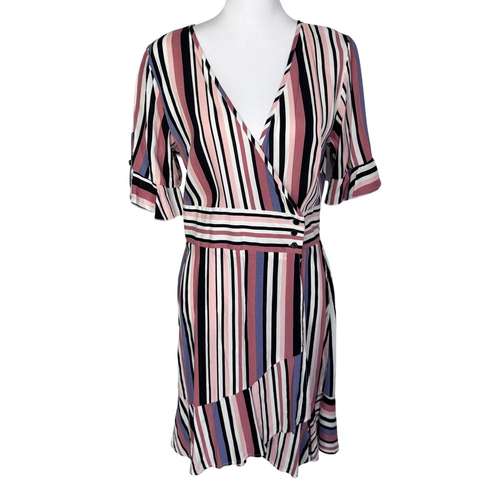 BAND OF GYPSIES NWT Women Large Pink Striped Ruffle Short Sleeve Wrap Midi Dress